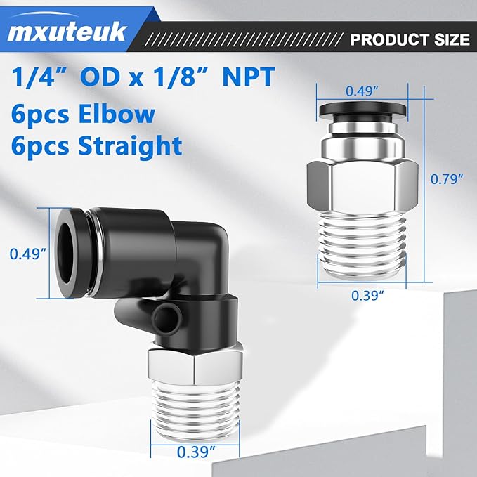 mxuteuk Push to Connect Fittings,1/4" OD to 1/8" NPT Air Hose Fittings,1/8" Quick Connect Fittings,Pneumatic Elbow and Straight Combination(12PCS)