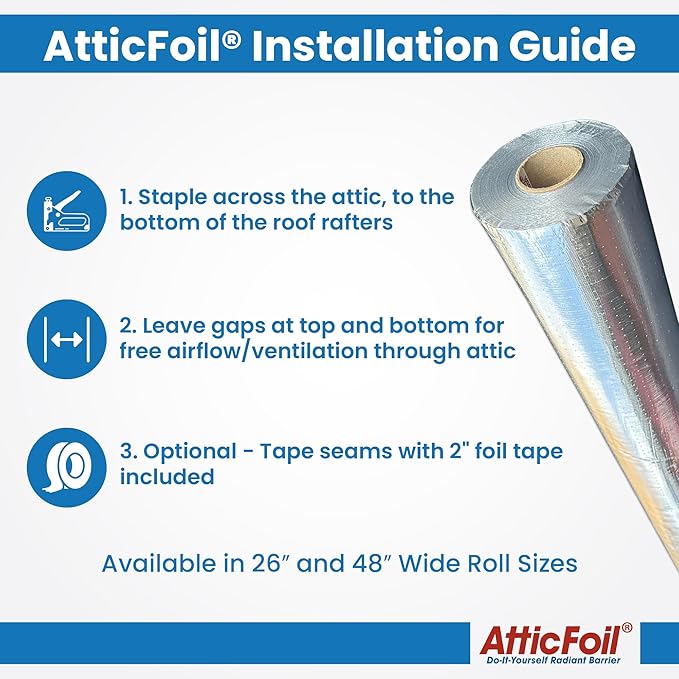 AtticFoilㅤ – Original Attic Radiant Barrier - 48” Wide / 1000 sq ft, Tearproof Perforated/Breathable Double-Sided Pure Aluminum Foil Insulation + Free Tape, Blocks 97% Radiant Heat (1000 sq. ft roll)