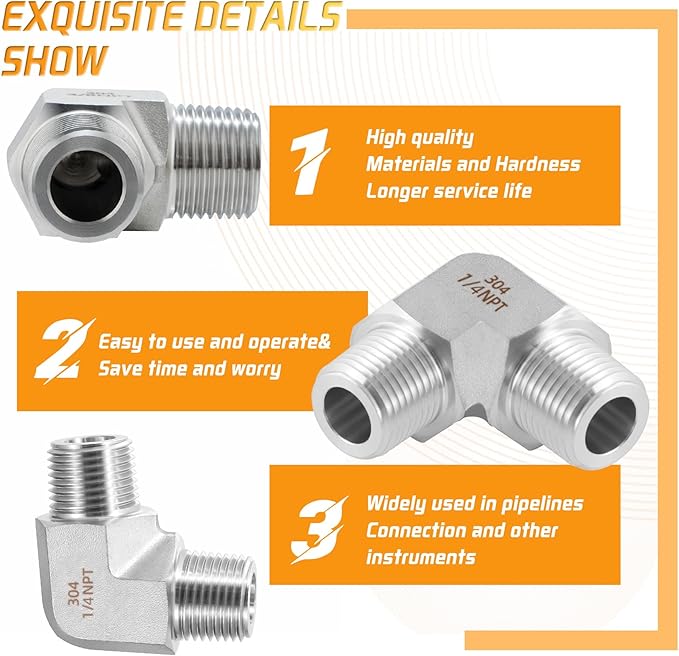 Stainless Steel Pipe Fitting 90 Degree Barstock Street Elbow 1/4" NPT Male x 1/4" NPT Male 2 Pack