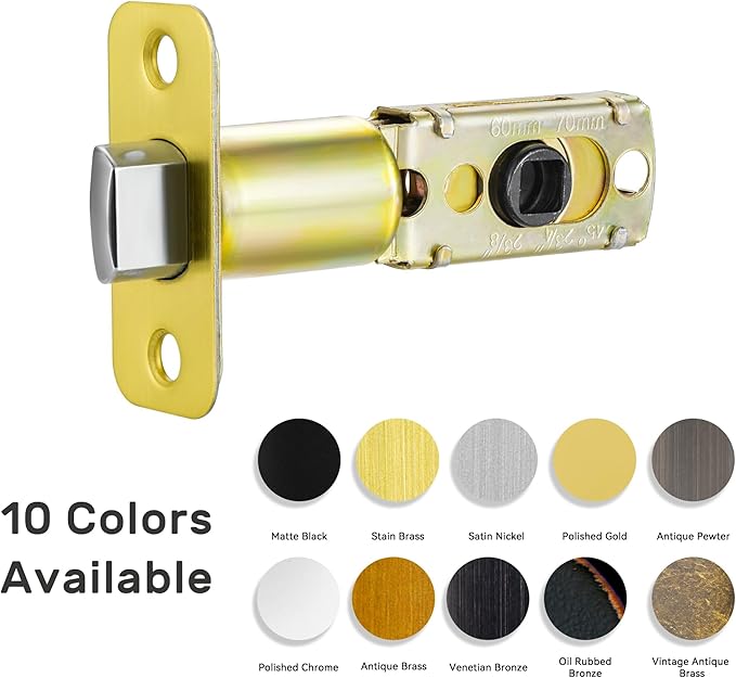 Satin Brass Adjustable Door Latch 60 or 70mm, 45° Turning Angle, Door Lock Replacement Parts with Door Strike Plate, Wood Dowel, Dust-Boxes