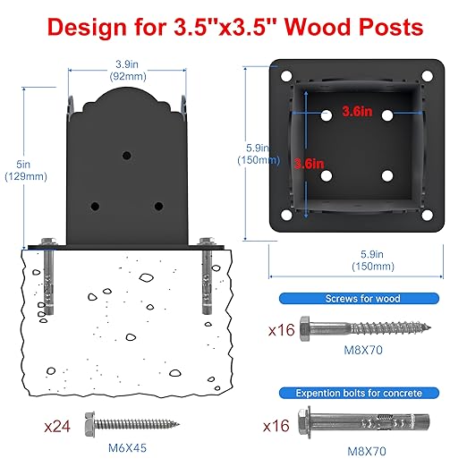 4x4 Post Base(４-Pack), Heavy-Duty Post Bracket (3.6 x 3.6 Inch Inner Size), Decorative Powder-Coated Wood Post Anchors for Pergolas, Fences, Decks, Come with Wood Screws and Concrete Anchors