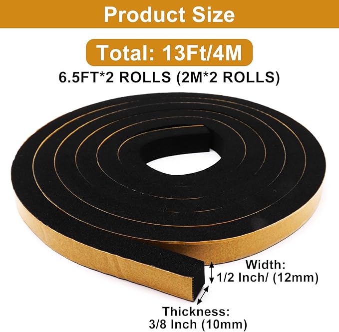 Weather Stripping Door Seal Strip, Strong Adhesive, Cold Insulation, Weatherproof, High Density Foam Insulation Tape for Doors, Windows, Sliding Door, Black (1/2 in x 3/8 in x 13 Ft)