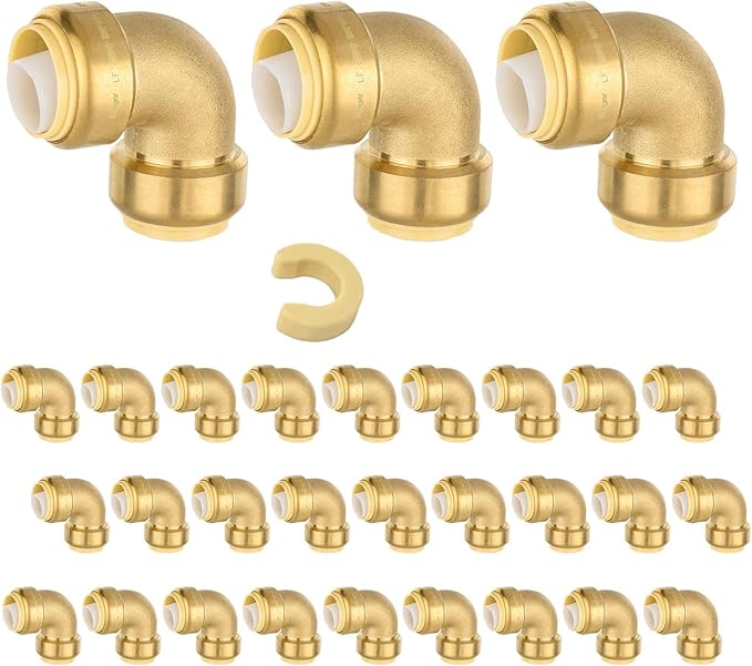 (Pack of 30) Niikappu 1 Inch x 1 Inch Elbow Brass Fitting, Push to Connect Brass Plumbing Fitting, PEX, Copper, CPVC, PE-RT Pipes
