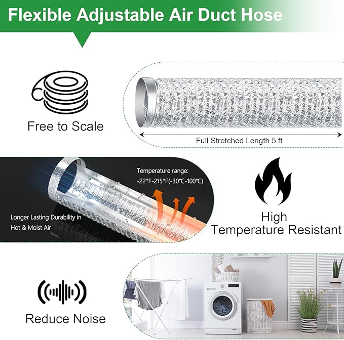 Dryer Vent Connector Kit with 90 Degree Elbow & 6-Layer Hose – 4 Inch Tight Space Dryer Vent Connector – Crush-Proof, Flexible Dryer Duct Hose for Electric Dryers