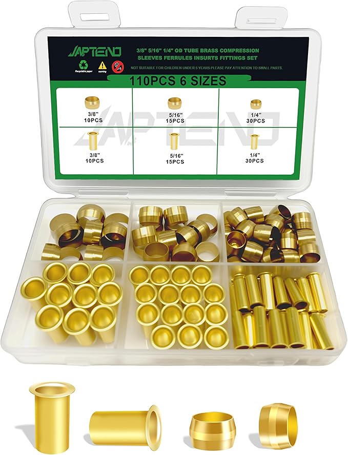 110pcs Brass Compression Sleeves Ferrules Inserts Fittings Assortment Kit, 3/8" 5/16" 1/4" 3 Sizes Air Hose Ferrules Kit of Air Water Fuel Oil Gas Tube Lines