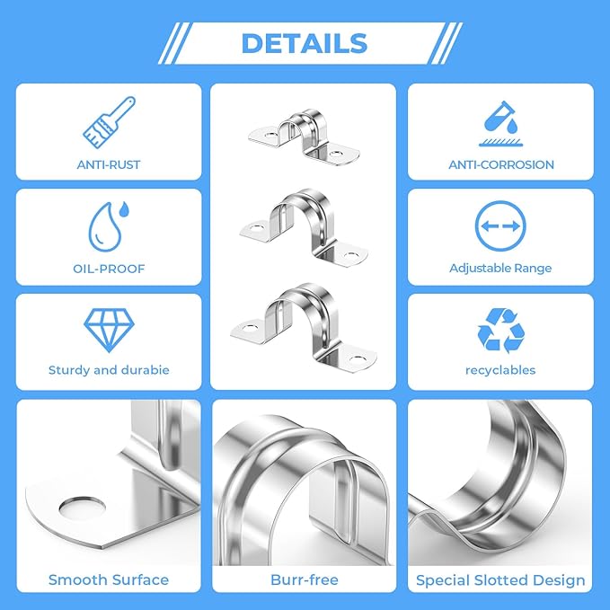 60Pcs 7/8 Inch (22mm) 304 Stainless Steel Conduit Clamps, U-Tube Strap Pipe Clamp 2 Hole Strap U Bracket Rigid Pipe Strap Clamps Metal Conduit Strap Tension Clips U-tube Clamp