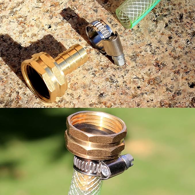 Solid Brass Garden Hose Repair kit Connector with Clamps 5/8" Barb x 3/4" Female,Fit for Garden Hose Fitting,Male and Female Hose Fittings