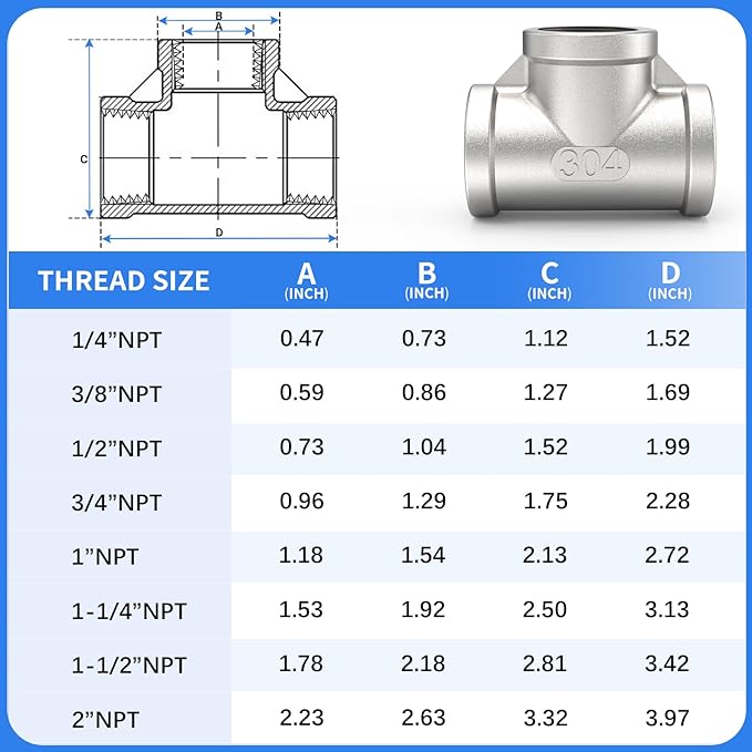 ChillWaves 304 Stainless Steel Pipe Fitting, Tee 2" x 2" x 2" NPT Female Thread Adapter(1-PACK)