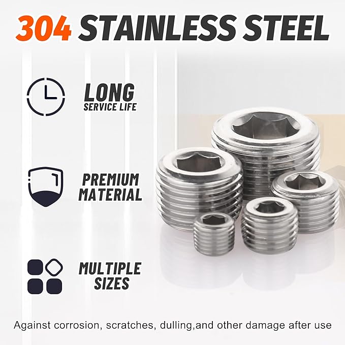 20 Pcs 304 Stainless Steel Pipe Plug Fitting Assortment Kit,1/8" 1/4" 3/8" 1/2" 3/4" NPT Male Internal Hex Thread Socket Pipe Plug,5 Sizes