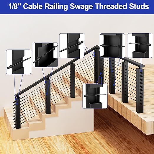 BLIKA 60 Pack Black Cable Railing Swage Threaded Stud Tension End Fitting Terminal for 1/8" Deck Cable Railing, T316 Stainless Steel, Black Cable Railing tensioner 1/8" for 2"x2" Wood/Metal Post