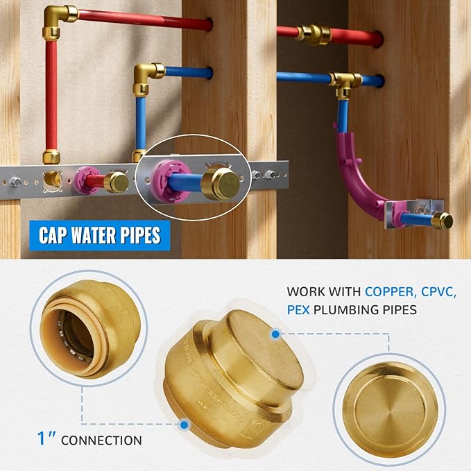 SUNGATOR 1-Inch Push Fit PEX End Cap, Push-to-Connect, No Lead Brass Plumbing Fittings for Copper, CPVC, Disconnect Clip Include (2-Pack)