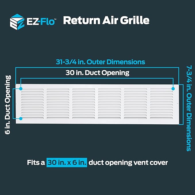 EZ-FLO 30 x 6 Inch (Duct Opening) Return Air Vent Cover for Wall or Ceiling, Solid Steel Return Air Grille, HVAC Vent Cover, White, 61630