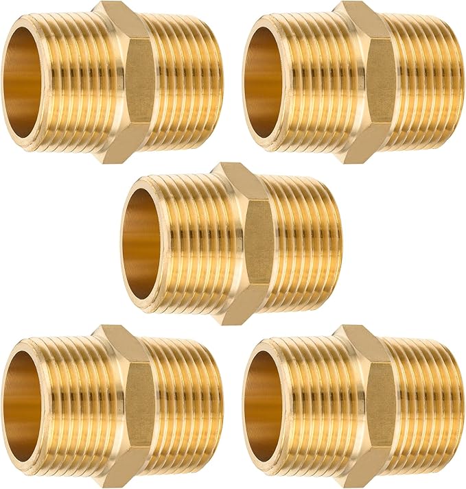 5-PCs HeSun Brass Hex Nipple Pipe Fitting, 3/4" NPT Male x 3/4" NPT Male Nipple Pipe Adapter(NPT014-5)