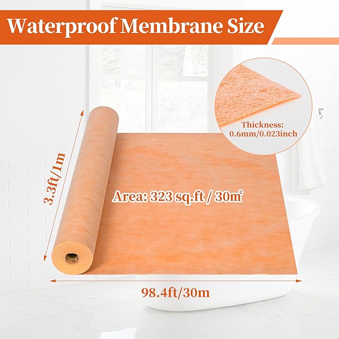 Waterproof Membrane for Shower 3.3Ft X 98.4Ft (323 Sq Ft) Waterproofing Membrane 23.6 Mils Thickness Waterproof Underlayment for Shower Tile Flooring