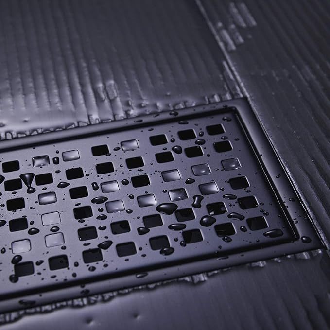 Linear Shower Floor Drain with Removable Cover Grid Grate 12 inch Long Rectangle, SUS 304 Stainless Steel Matte Black Plated Finish