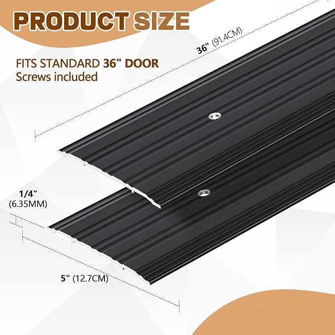 Tandefio 2 Pcs Door Saddle Threshold for Doorway Interior Sturdy Aluminum Commercial Fluted Saddle Door Threshold Durable and Sleek Doorway Entryway Access Draft Protection (5" X 1/4" X 36",Black)