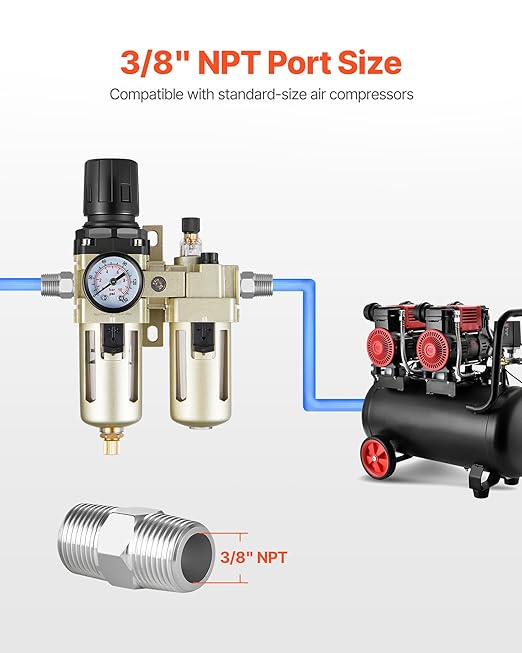 VEVOR Air Compressor Filter Regulator Lubricator (FRL), 3/8" NPT Air Compressor Water Separator, Semi-Auto Drain Air-Drying System with 5μm Brass Filter Element, 145PSI Max Working Pressure, Poly Bowl