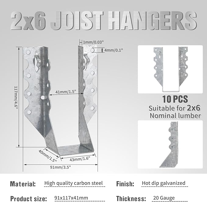25PCS 2x6 Joist Hangers, 20 Gauge Double Shear Face Mount Rafter Brackets for Wood, Hurricane Rafter Ties Clips LU26 for Rafters, Decks, Floors and Ceiling Trusses, Lumber Beam Connectors