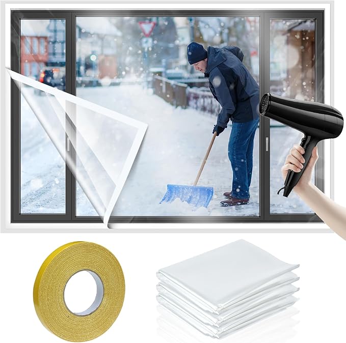 3 Pcs Window Insulation Kit Total 63 × 141 Inches Cuttable Transparent Film with Adhesive Straps Pof Shrink Film Window Plastic for Patio Winterizing Thicken Warm Winter Waterproof Insulation Cover