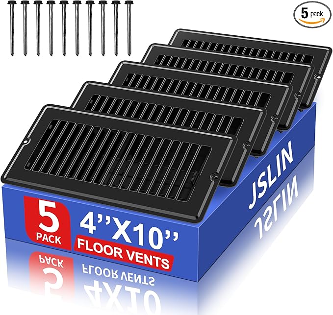 4x10 Floor Regsiter Vent Covers for Home Floor Wall Ceiling - Black with Screws for Easy Installation - Heavy Duty Steel Walkable Finish for Quiet Adjustable Air Vent Cover 4‘’ x 10‘’- 5 Pack
