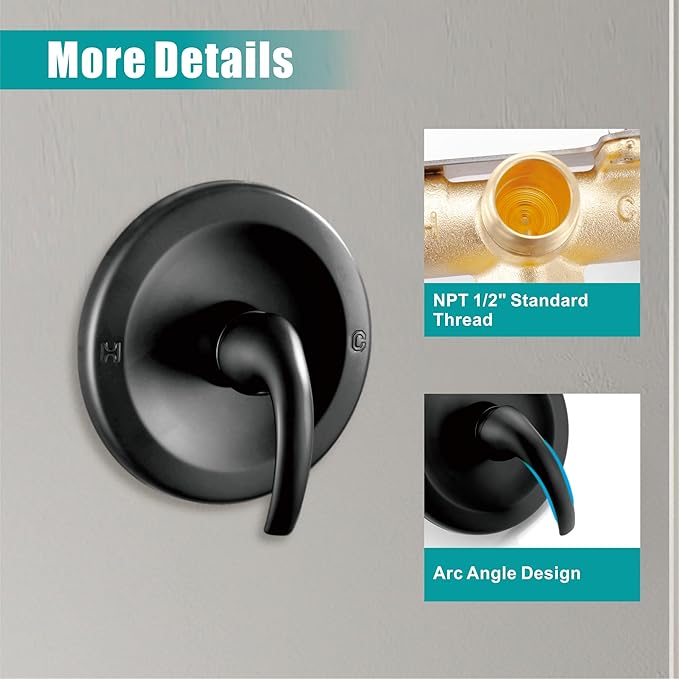 SKOWLL Shower Valve Wall Mount Black Shower Mixer Valve Kit Bathroom Single Function Shower Flow Control Valve Brass Shower Valve Kit Include Round In One
