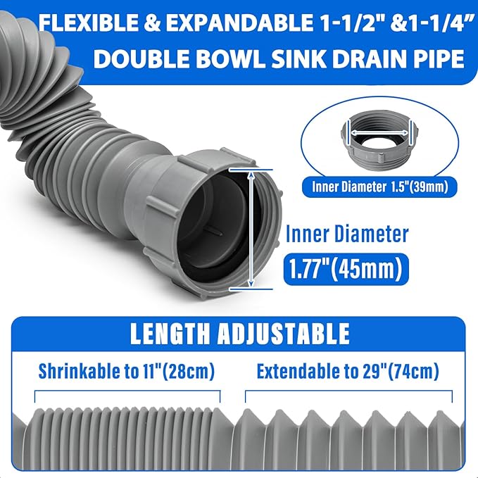 Double Sink Drain Kit, Flexible Sink Drain Pipe 1-1/2 & 1-1/4 P Trap Fits Sink Bowl Drain, Expandable Plumbing Kit for Kitchen, Bathroom, Gray