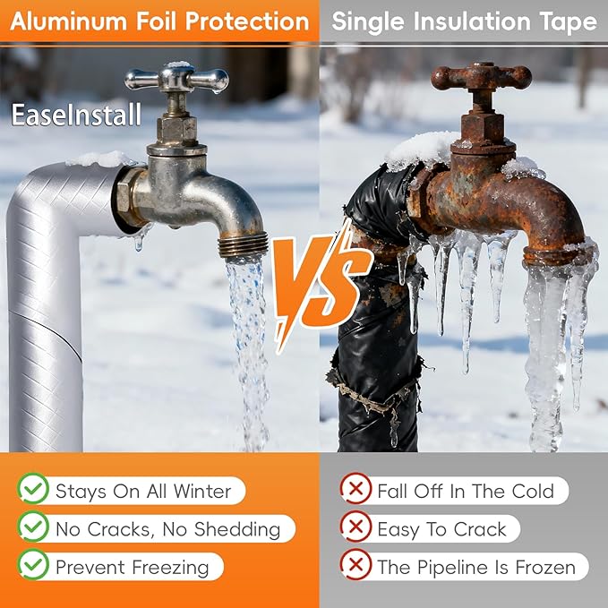 Pipe Insulation Wrap Foam Tube Self Adhesive Heat Tape for Water Pipes, Outdoor Foam and Foil Water Pipe Insulation Wrap for Winter, Can Be Used for Self Regulating Pipe Heat Tape
