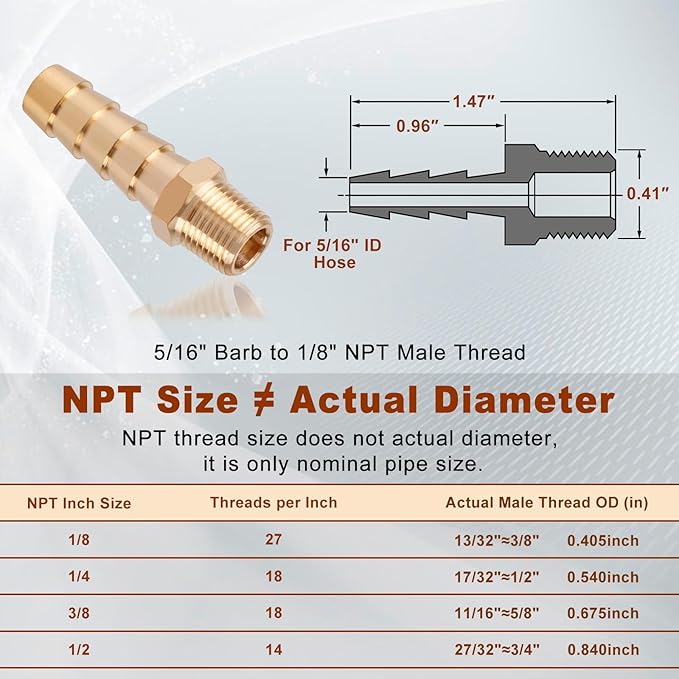 5pcs Brass Hose Barb Fittings 5/16 Inch Barb to 1/8 Inch NPT Male Thread Air Hose Fittings Adapter Connector Water Fuel Air Line Fittings 5/16” × 1/8” NPT Brass Fittings