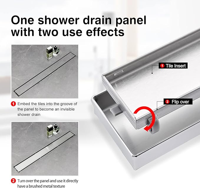 SaniteModar Linear Shower Drain, Linear Drain 36 inch with Tile Insert 2 in 1 Panels, AISI 304 Stainless Steel Brushed Shower Floor Drain with Adjustable Feet and Hair Catcher