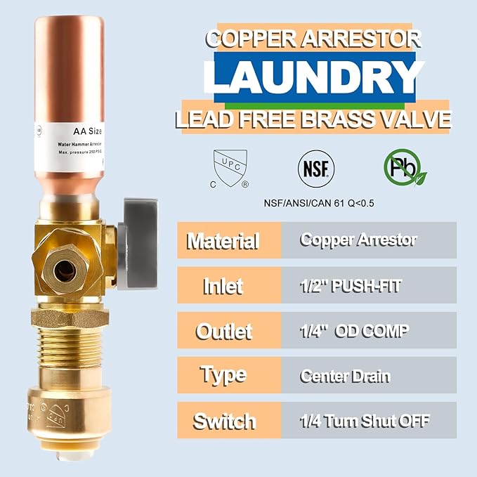 Ice Maker OutLet Box With Copper Water Hammer Arrestor,1/2 Inch Push-Fit Inlet x 1/4 Inch OD Compression Outlet,1/4 Turn Ball Vavle Outlet Box For Refrigerator,Water Dispenser