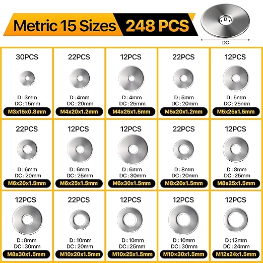 530PCS Flat Washers Assortment Kit, 304 Stainless Steel Fender Washers, 24 Sizes (M3 M4 M5 M6 M8 M10 M12 6# 8# 10# 12# 1/4 5/16 3/8 7/16 1/2) SAE + Metric Metal Washers for Screws and Bolts