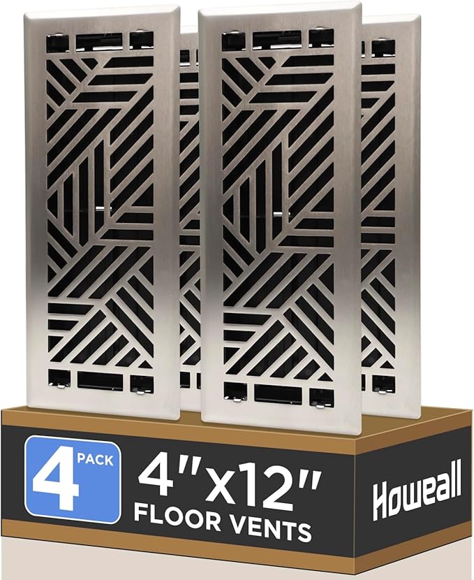 4x12 Inches 4 Pack Heavy Duty Walkable Floor Register Easy Adjust Air Supply Lever Floor Vents - Brooklyn Design - Vent Cover for Home Floor - Satin Nickel