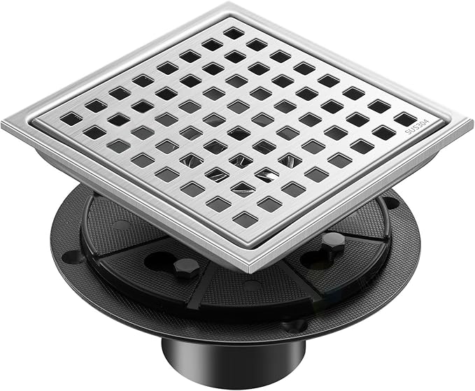 6 Inch Square Shower Floor Drain with Flange,Quadrato Pattern Grate Removable,Food-Grade SUS 304 Stainless Steel,Brushed Nickel