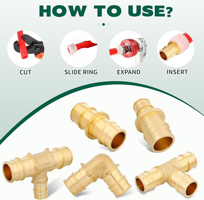 1/2 Inch PEX-A Expansion Tee Fittings, ASTM F1960 Brass Plumbing Tee Connector, Lead-Free Brass PEX-A Pipe Fittings for Potable Water, Hot and Cold Plumbing, Hydronic Radiant Heating (10-Pack)