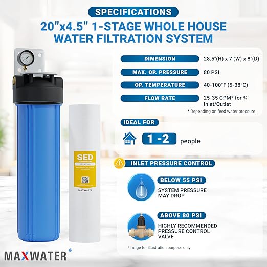 Max Water Whole House Water Filter Housing, 20" x 4.5" Sediment Carbon Cartridge Universal Housing, Pre-Filtration System for Well and City Water with 1" NPT Port and Include 1 Sediment Filter