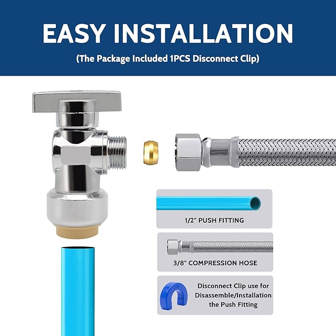 10 Pack Pushfit Angle Stop Faucet Valve, 1/2" Push-Fit x 3/8" Comp, Quarter Turn 1/2" Nom x 3/8" Compression Shut Off Water Valve, Pex, Copper,Cpvc,Brass