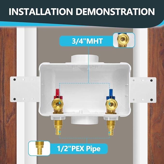 Washing Machine Connection Box, Center Drain, 1/2 Inch Pex Crimp Inlet x 3/4 Inch MHT Outlet, Laundry Washer Valve Box (Pack of 2)