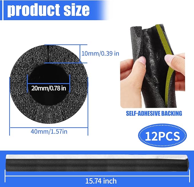 12 Pack Pipe Insulation Foam Tube, 3/4'' Self Adhesive Pre Slit Foam Pipe Covers Polyethylene with Double Sided Tape for Spigot, Winter Outside Pipes, Water Heater Pipes Freeze Protection