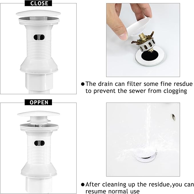 Bathroom Sink Drain,2 Pack White Drain Stopper Bathroom Sink With Overflow,Pop Up Drain Assembly with Detachable Strainer Basket,Built-in Anti-Clogging, Stainless Steel Nut