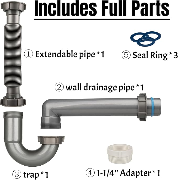 Expandable and Flexible P-Trap, 1-1/2" Sink Drain Pipe Kit, Wall Drain, For Kitchen Sink
