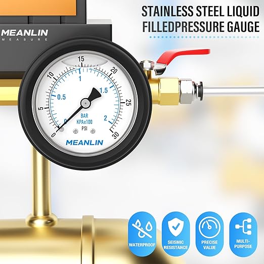 MEANLIN MEASURE 0~30Psi Stainless Steel 1/4" NPT 2.5" FACE DIAL Liquid Filled Pressure Gauge, Center Back Mount (with Rubber Protective Sleeve), with 1/2" NPT and 3/8" NPT Hex Bushing
