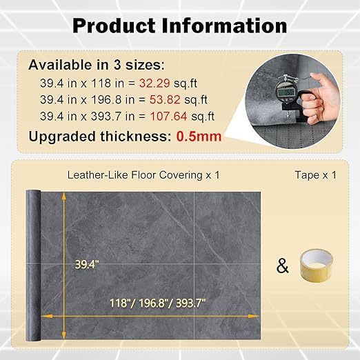 Freshtour Vinyl Flooring Roll, Versatile Removable PET Leather-Like Floor Covering, Waterproof & Durable, Easy Tape Installation, Cost-Effective for Any Room, Grey Marble/ 53.82 Sq.ft (39.3" x 197")