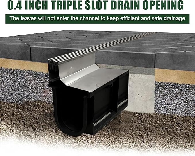 Slot Channel Drain with 304 Stainless Steel Grate-39.4Lx6.3Wx10.9H in. Deep Profile Trench Drain System for Landscaping,Trench Drain for Patio,A15 Hidden Drain Channel with Metal Grate
