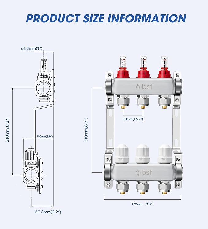 ABST PEX Manifold,3 Loop Stainless Steel Floor Radiant Heat Manifold Kit with 1/2" Adapters Included for Hydronic Radiant Floor Heating