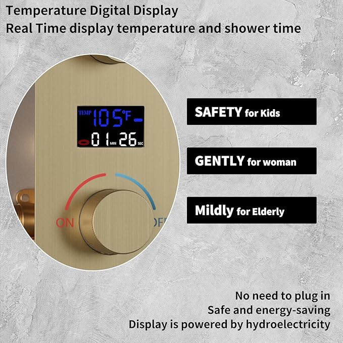Solid Brass 5 Way Shower Diverter Valve with Temperature Display Shower Mixer Valve Bathroom Shower Diverter Replacement,Brushed Gold