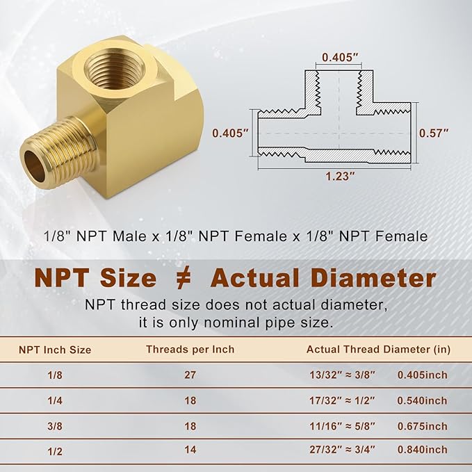 5pcs 1/8" Brass Tee Fittings 1/8" NPT Female Pipe to 1/8" NPT Male to 1/8" NPT Female Brass Barstock Street Tee Pipe Fittings 3 Way for Joining Pipe