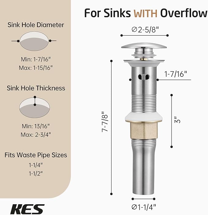 KES Bathroom Sink Drain Stopper with Overflow, Pop Up Drain with Detachable Hair Catcher for Lavatory Vanity Vessel Sink, Brushed Nickel 2 Pack, All Metal Rustproof 304 Stainless Steel, S2013A-BN-P2