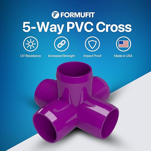 FORMUFIT 3/4" 5-Way Cross Furniture Grade PVC Fitting in Purple, Made in USA, UV-Resistant, Impact-Proof, 1.050” Actual Socket Diameter (Pack of 8) - F0345WC-PU-8