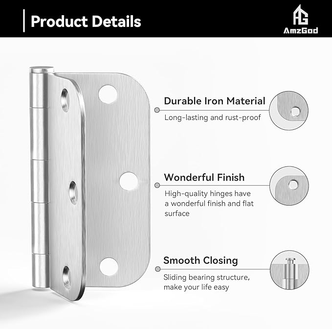 Door Hinges Brushed Nickel - 108 Pack Nickel Door Hinges 3.5 Inch Rounded Interior Satin Nickel Door Hinge with 5/8" Radius - Flat Iron Residential Standard 3 1/2 Inches Silver Door Hardware