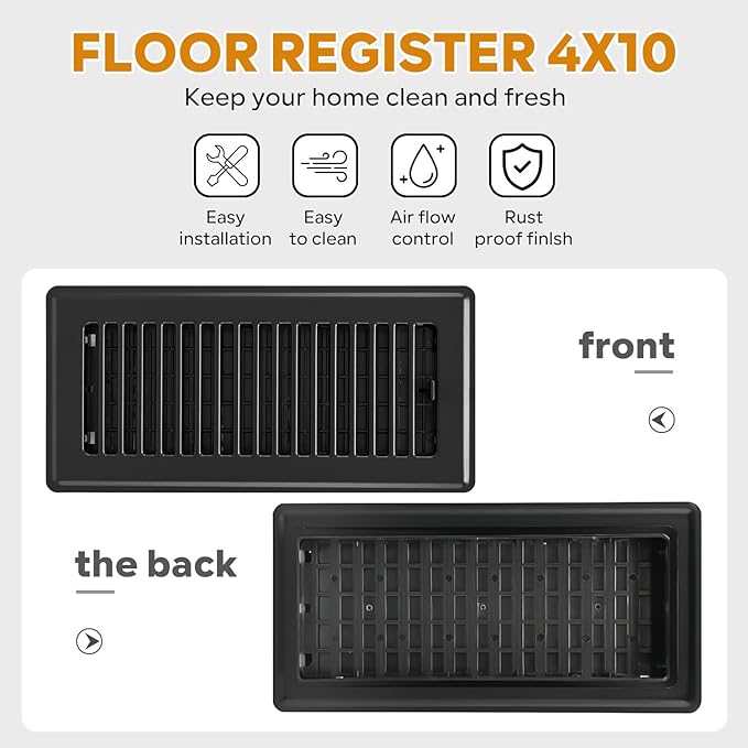 Black Vent Cover, Floor Register 4x10, Heavy Duty Steel Walkable Floor Vents, Easy Adjust Air Supply Lever, Vent Covers for Home Floor, 4 Pack Black